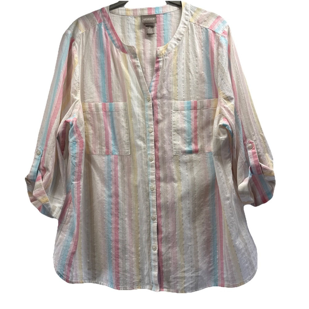 Chicos Women's Top Blouse Sz Large Pink Yellow Blue Gauzy Cotton Metallic Stripe